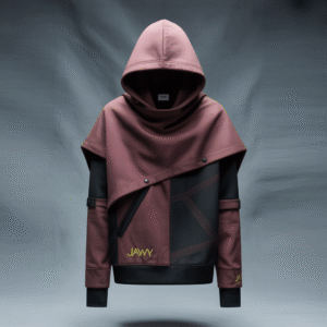 “Futuristic asymmetric hoodie by JAWWY in deep mauve and black, featuring an avant-garde wrap design, matte gold embroidery, and structured hood — a statement piece for bold creatives and fashion risk-takers.”