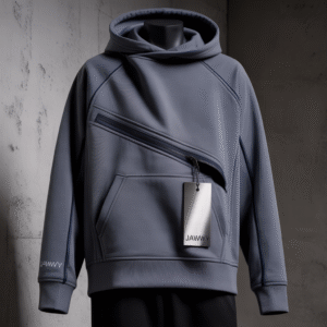 “Modern storm-grey JAWWY hoodie featuring an asymmetric zipper design and sleek matte finish — a minimalist yet bold statement piece for confident, creative individuals.”